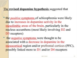 08/27/2024 15
.
The revised dopamine hypothesis suggested that
 the positive symptoms of schizophrenia were likely
due to increases in dopamine activity in the
mesolimbic areas of the brain, particularly in the
nucleus accumbens (most likely involving D2 and
D3 receptors)
 the negative symptoms were thought to be
associated with a decrease in dopamine in the
mesocortical region and/or prefrontal cortices (PFC),
possibly linked more to D1 and/or D4 receptors
 