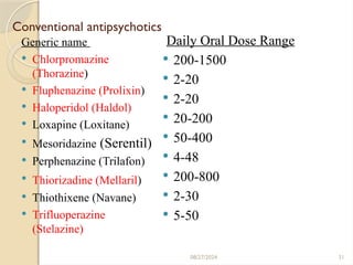 31
Conventional antipsychotics
Generic name
 Chlorpromazine
(Thorazine)
 Fluphenazine (Prolixin)
 Haloperidol (Haldol)
 Loxapine (Loxitane)
 Mesoridazine (Serentil)
 Perphenazine (Trilafon)
 Thiorizadine (Mellaril)
 Thiothixene (Navane)
 Trifluoperazine
(Stelazine)
Daily Oral Dose Range
 200-1500
 2-20
 2-20
 20-200
 50-400
 4-48
 200-800
 2-30
 5-50
08/27/2024
 
