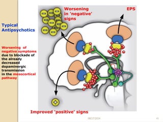 08/27/2024 41
Typical
Antipsychotics
Worsening
in 'negative'
signs
EPS
Improved 'positive' signs
Worsening of
negative symptoms
due to blockade of
the already
decreased
dopaminergic
transmission
in the mesocortical
pathway
 