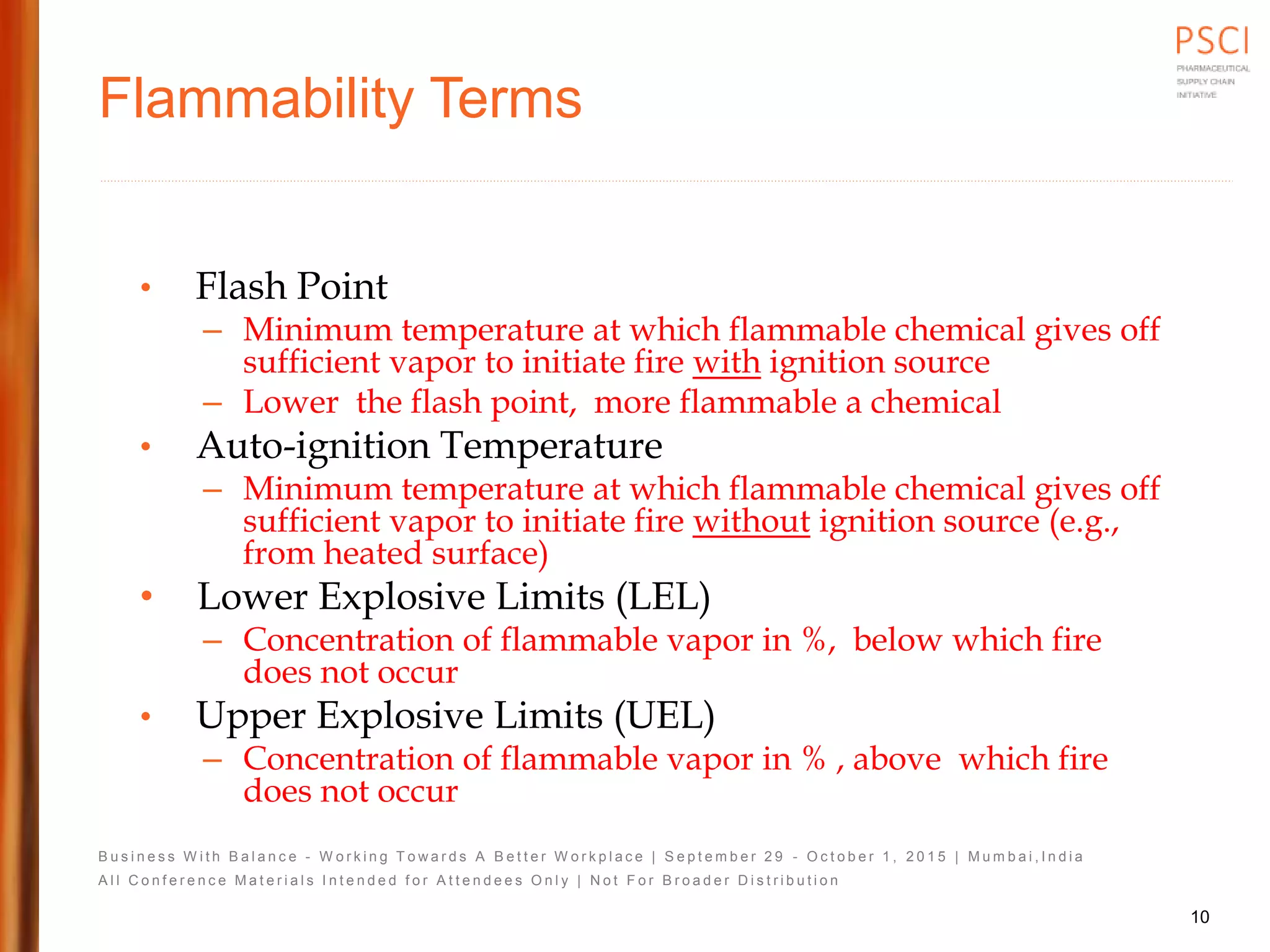 B u s i n e s s W i t h B a l a n c e - W o r k i n g T o w a r d s A B e t t e r W o r k p l a c e | S e p t e m b e r 2 9 - O c t o b e r 1 , 2 0 1 5 | M u m b a i , I n d i a
A l l C o n f e r e n c e M a t e r i a l s I n t e n d e d f o r A t t e n d e e s O n l y | N o t F o r B r o a d e r D i s t r i b u t i o n
Flammability Terms
• Flash Point
– Minimum temperature at which flammable chemical gives off
sufficient vapor to initiate fire with ignition source
– Lower the flash point, more flammable a chemical
• Auto-ignition Temperature
– Minimum temperature at which flammable chemical gives off
sufficient vapor to initiate fire without ignition source (e.g.,
from heated surface)
• Lower Explosive Limits (LEL)
– Concentration of flammable vapor in %, below which fire
does not occur
• Upper Explosive Limits (UEL)
– Concentration of flammable vapor in % , above which fire
does not occur
10
 