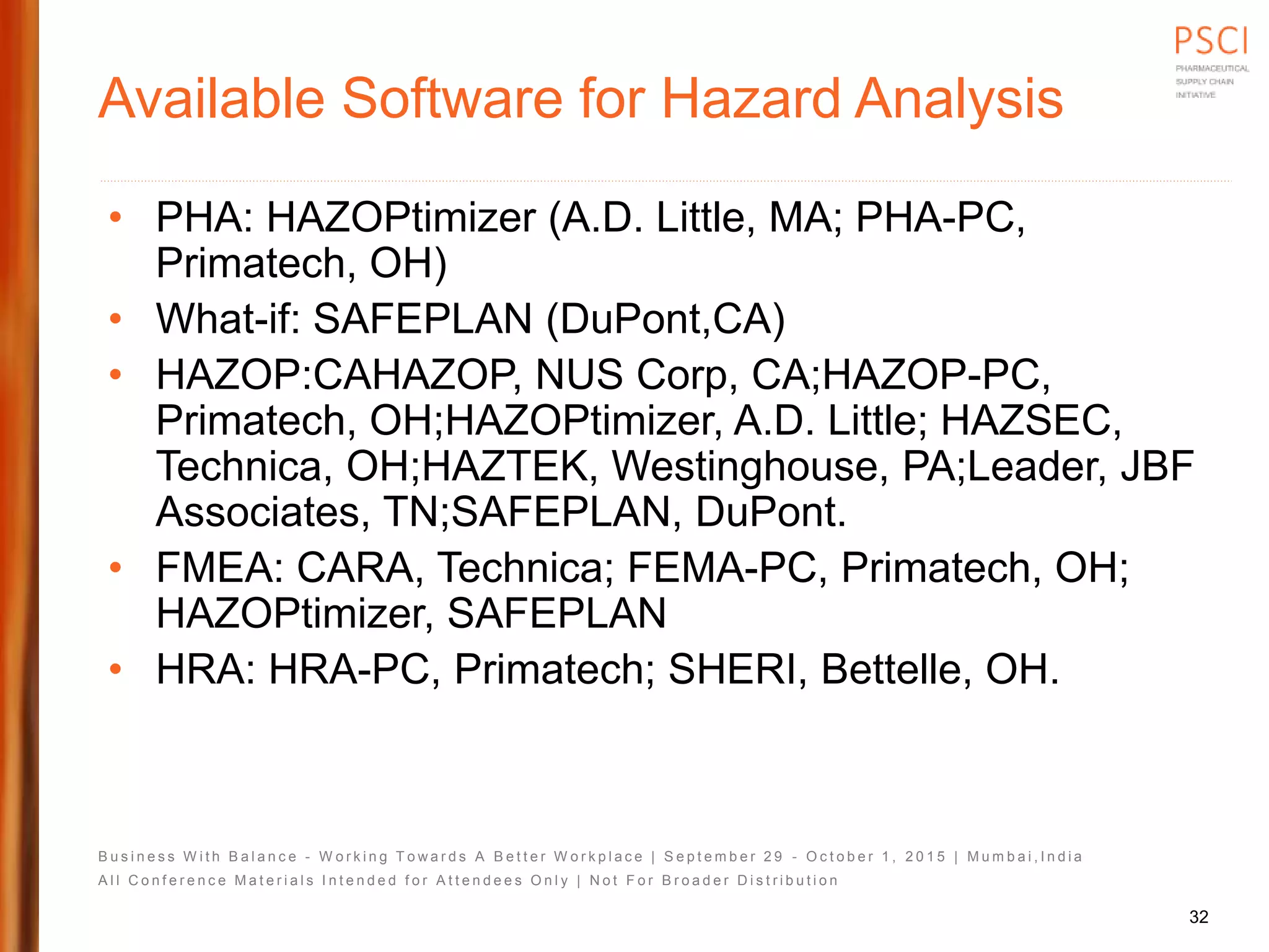 B u s i n e s s W i t h B a l a n c e - W o r k i n g T o w a r d s A B e t t e r W o r k p l a c e | S e p t e m b e r 2 9 - O c t o b e r 1 , 2 0 1 5 | M u m b a i , I n d i a
A l l C o n f e r e n c e M a t e r i a l s I n t e n d e d f o r A t t e n d e e s O n l y | N o t F o r B r o a d e r D i s t r i b u t i o n
Available Software for Hazard Analysis
• PHA: HAZOPtimizer (A.D. Little, MA; PHA-PC,
Primatech, OH)
• What-if: SAFEPLAN (DuPont,CA)
• HAZOP:CAHAZOP, NUS Corp, CA;HAZOP-PC,
Primatech, OH;HAZOPtimizer, A.D. Little; HAZSEC,
Technica, OH;HAZTEK, Westinghouse, PA;Leader, JBF
Associates, TN;SAFEPLAN, DuPont.
• FMEA: CARA, Technica; FEMA-PC, Primatech, OH;
HAZOPtimizer, SAFEPLAN
• HRA: HRA-PC, Primatech; SHERI, Bettelle, OH.
32
 