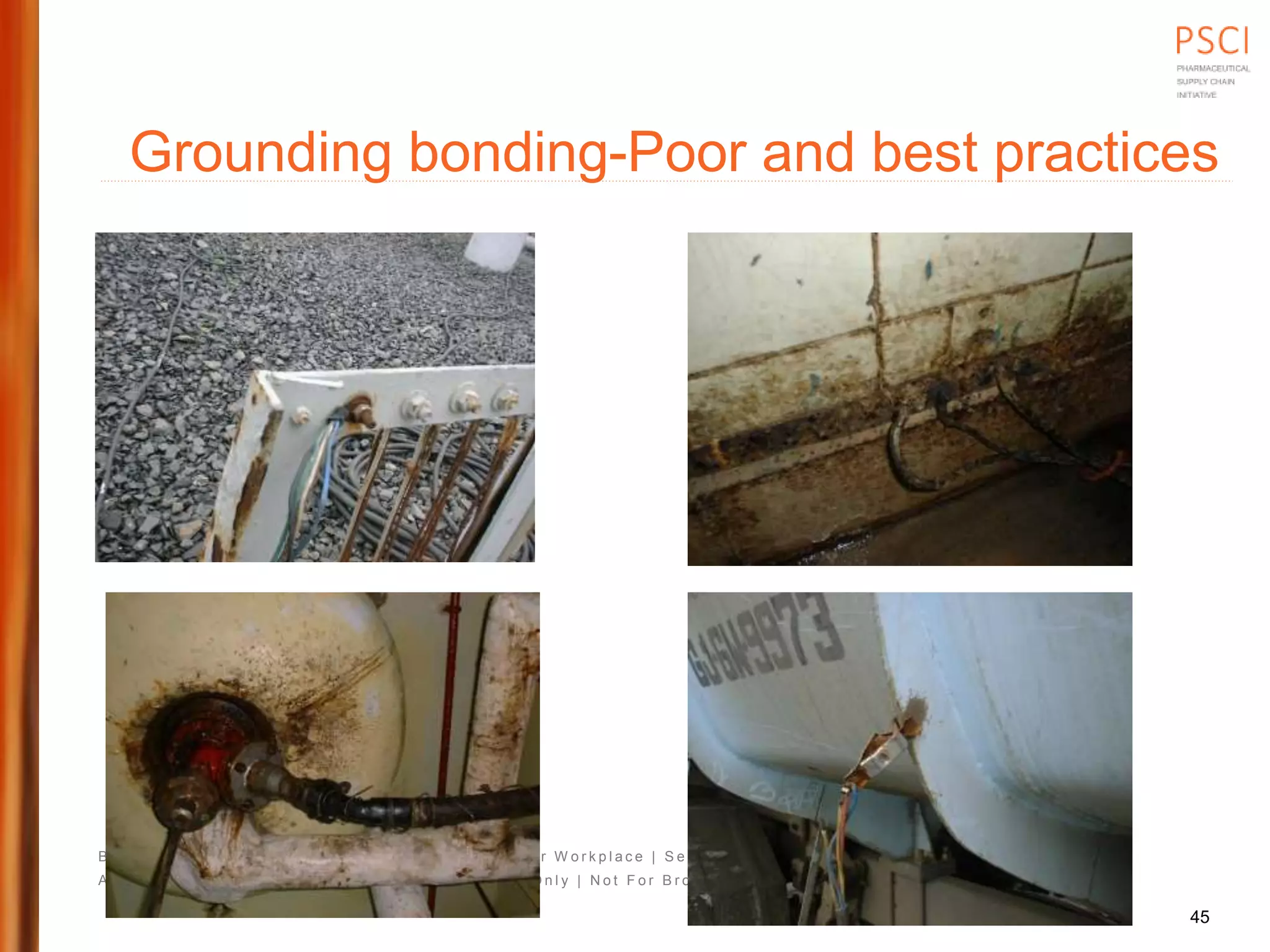 B u s i n e s s W i t h B a l a n c e - W o r k i n g T o w a r d s A B e t t e r W o r k p l a c e | S e p t e m b e r 2 9 - O c t o b e r 1 , 2 0 1 5 | M u m b a i , I n d i a
A l l C o n f e r e n c e M a t e r i a l s I n t e n d e d f o r A t t e n d e e s O n l y | N o t F o r B r o a d e r D i s t r i b u t i o n
Grounding bonding-Poor and best practices
45
 