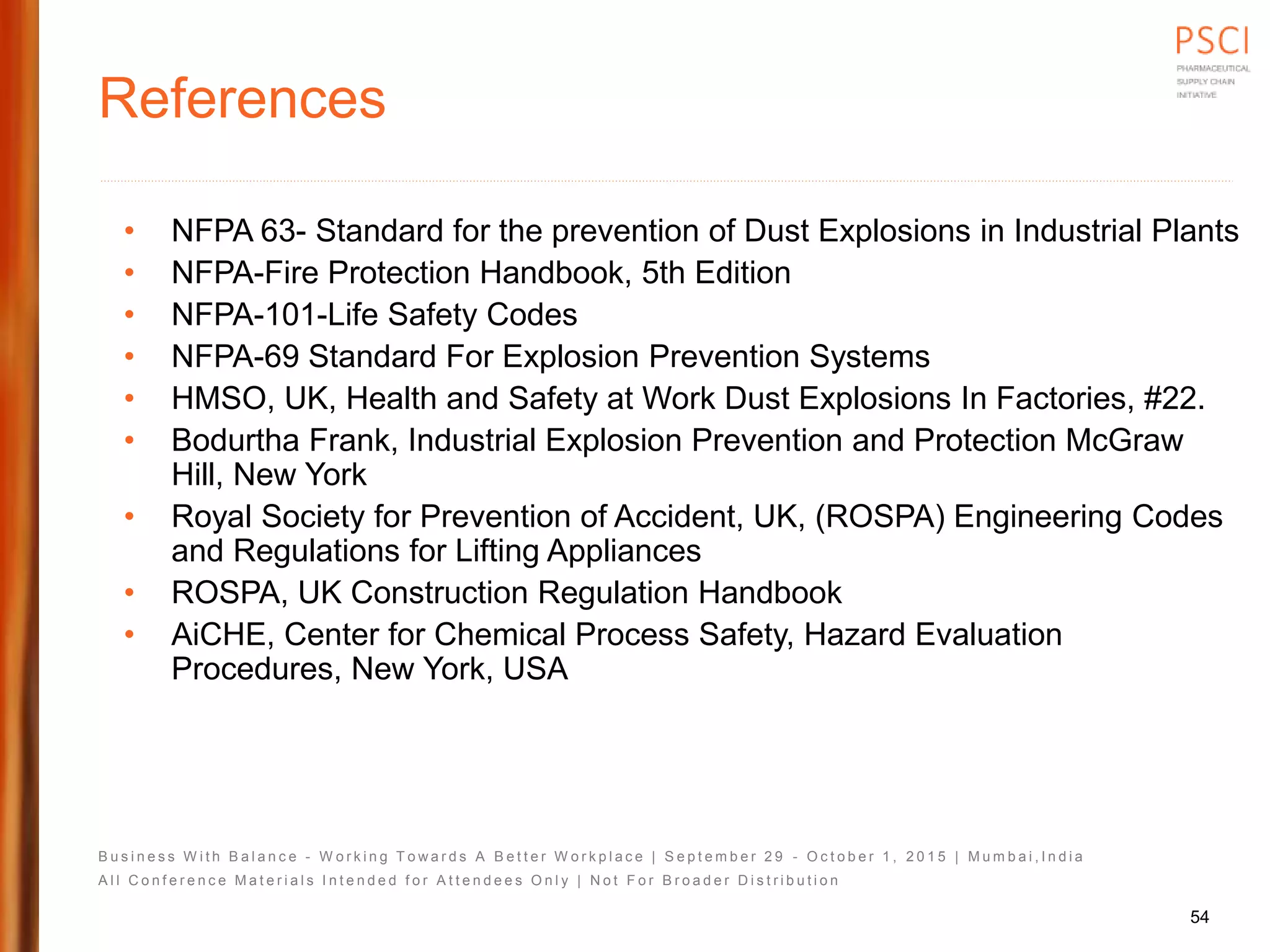 B u s i n e s s W i t h B a l a n c e - W o r k i n g T o w a r d s A B e t t e r W o r k p l a c e | S e p t e m b e r 2 9 - O c t o b e r 1 , 2 0 1 5 | M u m b a i , I n d i a
A l l C o n f e r e n c e M a t e r i a l s I n t e n d e d f o r A t t e n d e e s O n l y | N o t F o r B r o a d e r D i s t r i b u t i o n
References
• NFPA 63- Standard for the prevention of Dust Explosions in Industrial Plants
• NFPA-Fire Protection Handbook, 5th Edition
• NFPA-101-Life Safety Codes
• NFPA-69 Standard For Explosion Prevention Systems
• HMSO, UK, Health and Safety at Work Dust Explosions In Factories, #22.
• Bodurtha Frank, Industrial Explosion Prevention and Protection McGraw
Hill, New York
• Royal Society for Prevention of Accident, UK, (ROSPA) Engineering Codes
and Regulations for Lifting Appliances
• ROSPA, UK Construction Regulation Handbook
• AiCHE, Center for Chemical Process Safety, Hazard Evaluation
Procedures, New York, USA
54
 