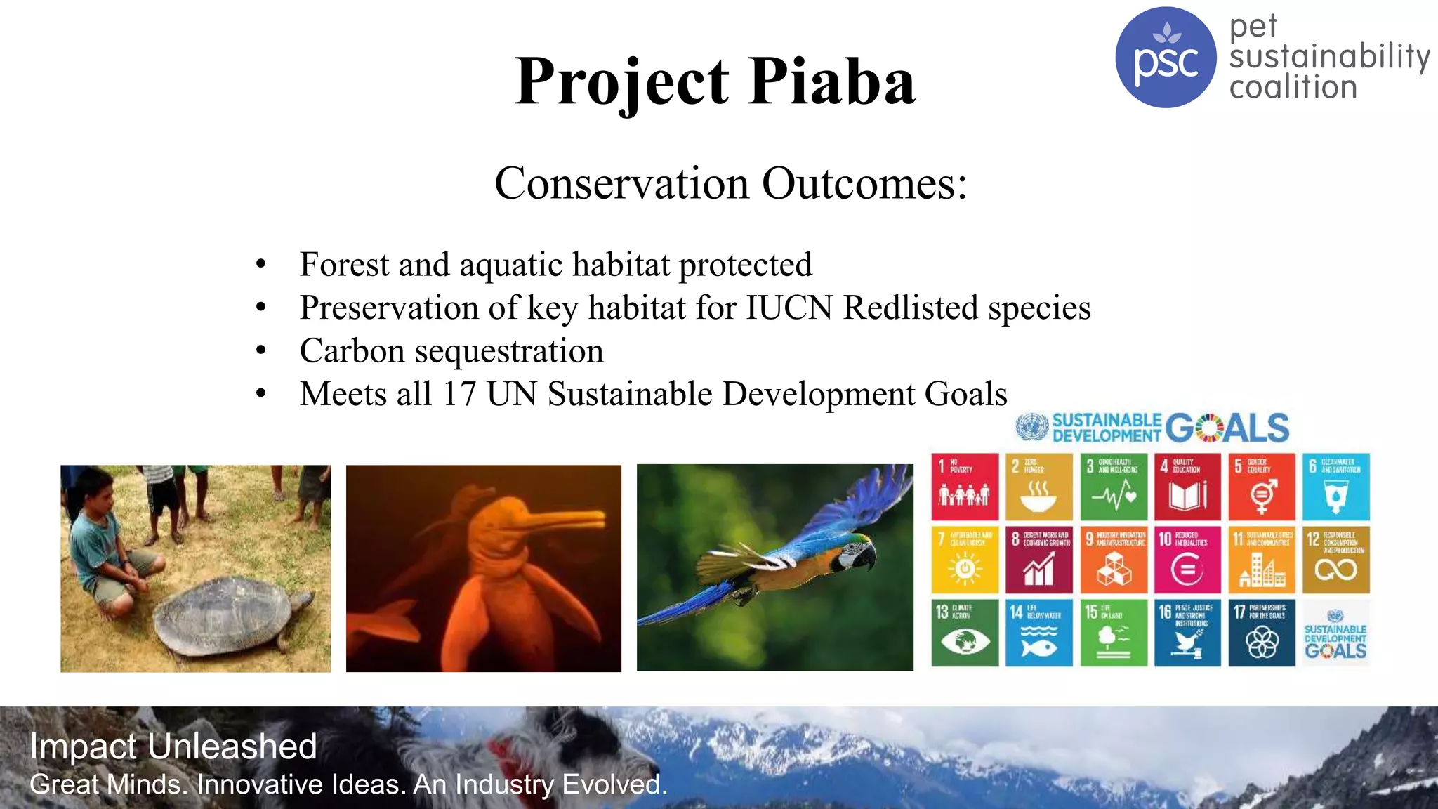 Impact Unleashed
Great Minds. Innovative Ideas. An Industry Evolved.
Project Piaba
Conservation Outcomes:
• Forest and aquatic habitat protected
• Preservation of key habitat for IUCN Redlisted species
• Carbon sequestration
• Meets all 17 UN Sustainable Development Goals
 