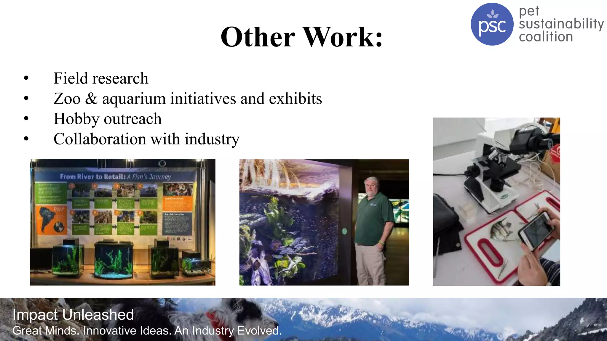 Impact Unleashed
Great Minds. Innovative Ideas. An Industry Evolved.
Other Work:
• Field research
• Zoo & aquarium initiatives and exhibits
• Hobby outreach
• Collaboration with industry
 