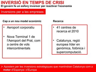    Apostem per les inversions estratègiques que mantindran Catalunya com a  motor  d’Espanya i d’Europa Aeroport corporatiu Nova Terminal 1 de l’Aeroport del Prat, com a centre de vols intercontinentals  INVERSIÓ EN TEMPS DE CRISI El govern fa un esforç inversor   per reactivar l’economia Inversions per a les empreses Cap a un nou model econòmic 41 centres de recerca el 2010 Catalunya, regió europea líder en genòmica, fotònica i supercomputació . Recerca 