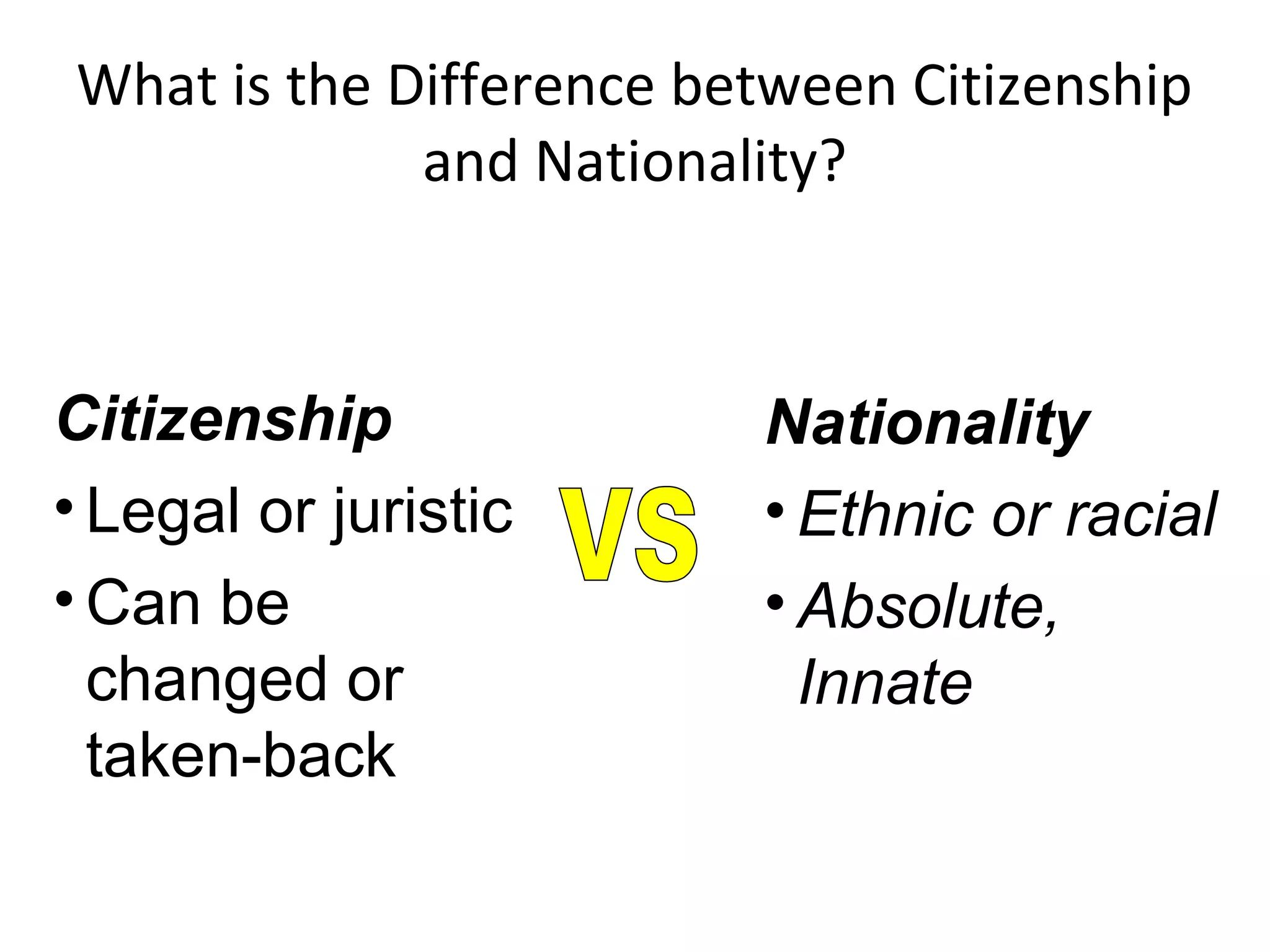 What is the Difference between Citizenship
and Nationality?
Citizenship
• Legal or juristic
• Can be
changed or
taken-back
Nationality
• Ethnic or racial
• Absolute,
Innate
 