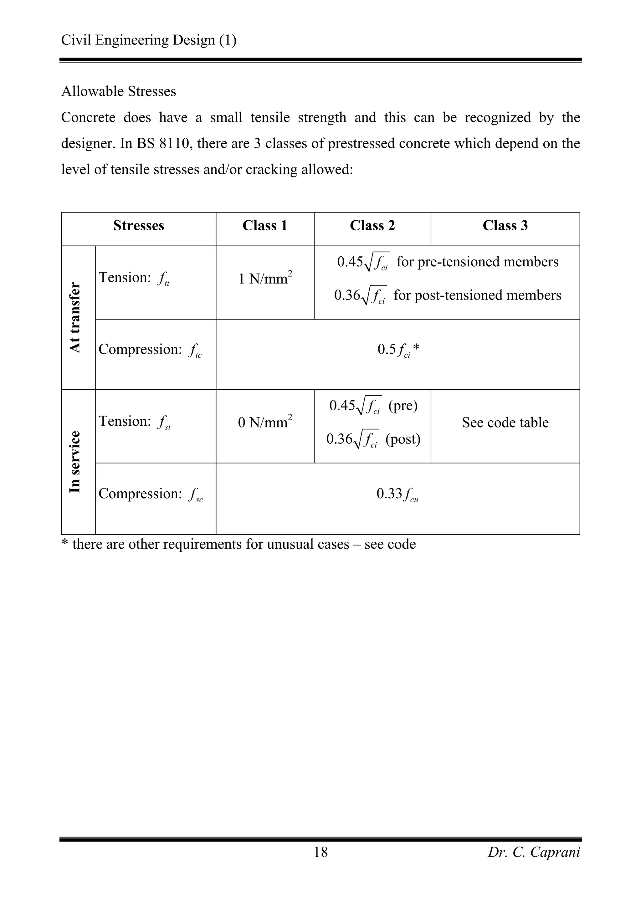 Civil Engineering Design (1)
Dr. C. Caprani18
Allowable Stresses
Concrete does have a small tensile strength and this can be recognized by the
designer. In BS 8110, there are 3 classes of prestressed concrete which depend on the
level of tensile stresses and/or cracking allowed:
Stresses Class 1 Class 2 Class 3
Tension: ttf 1 N/mm2
0.45 cif for pre-tensioned members
0.36 cif for post-tensioned members
Attransfer
Compression: tcf 0.5 cif *
Tension: stf 0 N/mm2
0.45 cif (pre)
0.36 cif (post)
See code table
Inservice
Compression: scf 0.33 cuf
* there are other requirements for unusual cases – see code
 