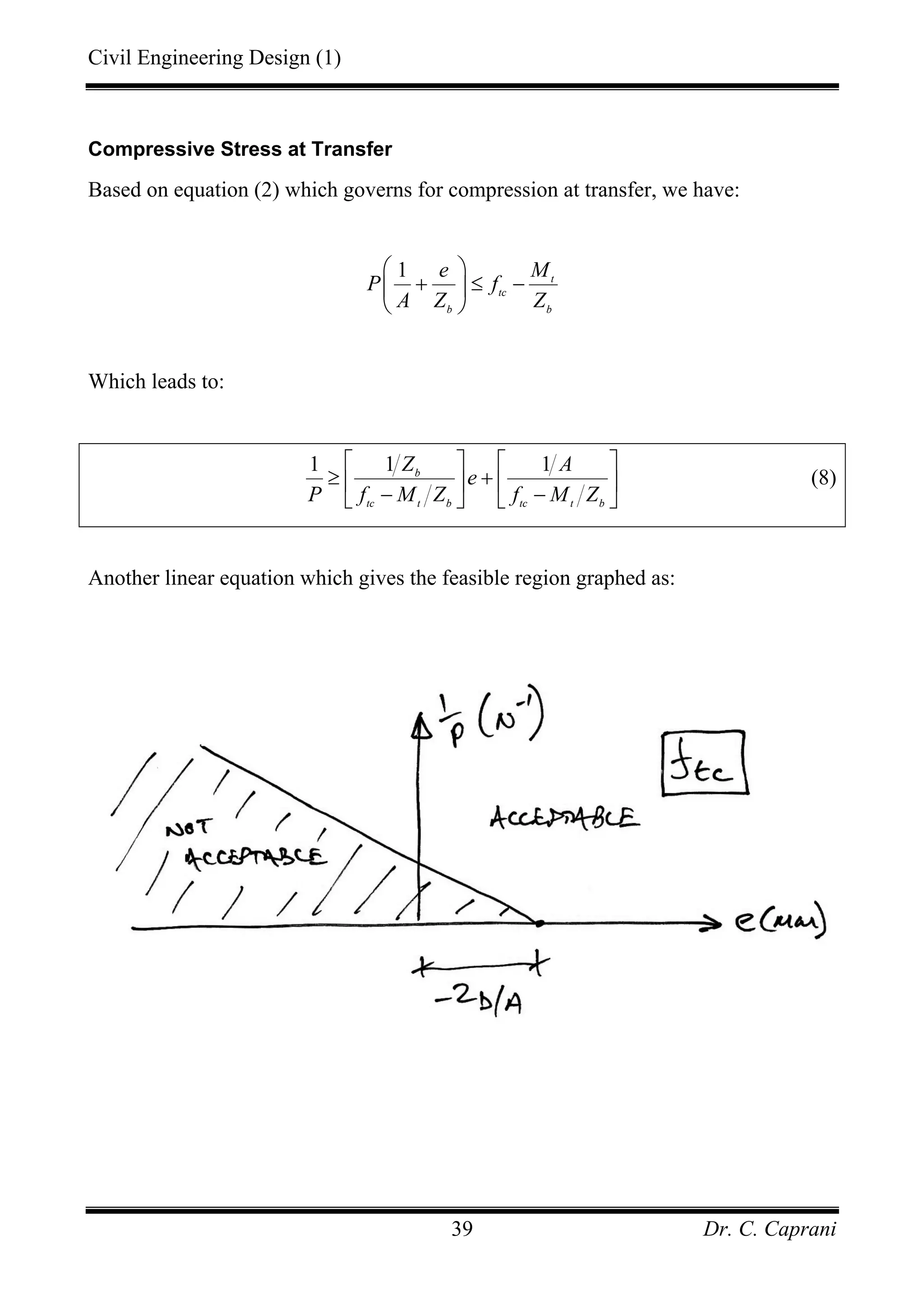 Civil Engineering Design (1)
Dr. C. Caprani39
Compressive Stress at Transfer
Based on equation (2) which governs for compression at transfer, we have:
1 t
tc
b b
e M
P f
A Z Z
⎛ ⎞
+ ≤ −⎜ ⎟
⎝ ⎠
Which leads to:
1 1 1b
tc t b tc t b
Z A
e
P f M Z f M Z
⎡ ⎤ ⎡ ⎤
≥ +⎢ ⎥ ⎢ ⎥
− −⎣ ⎦ ⎣ ⎦
(8)
Another linear equation which gives the feasible region graphed as:
 
