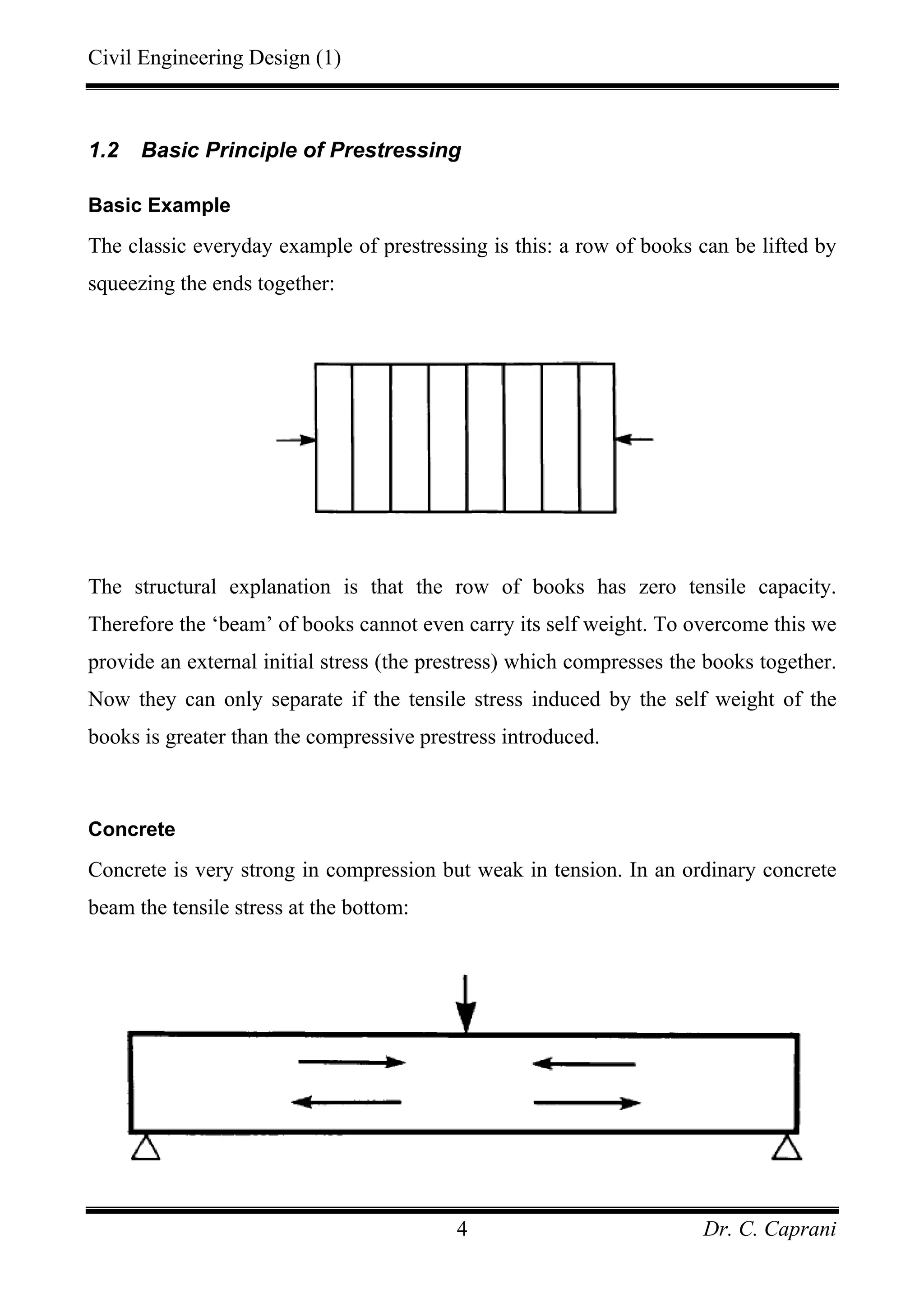Civil Engineering Design (1)
Dr. C. Caprani4
1.2 Basic Principle of Prestressing
Basic Example
The classic everyday example of prestressing is this: a row of books can be lifted by
squeezing the ends together:
The structural explanation is that the row of books has zero tensile capacity.
Therefore the ‘beam’ of books cannot even carry its self weight. To overcome this we
provide an external initial stress (the prestress) which compresses the books together.
Now they can only separate if the tensile stress induced by the self weight of the
books is greater than the compressive prestress introduced.
Concrete
Concrete is very strong in compression but weak in tension. In an ordinary concrete
beam the tensile stress at the bottom:
 