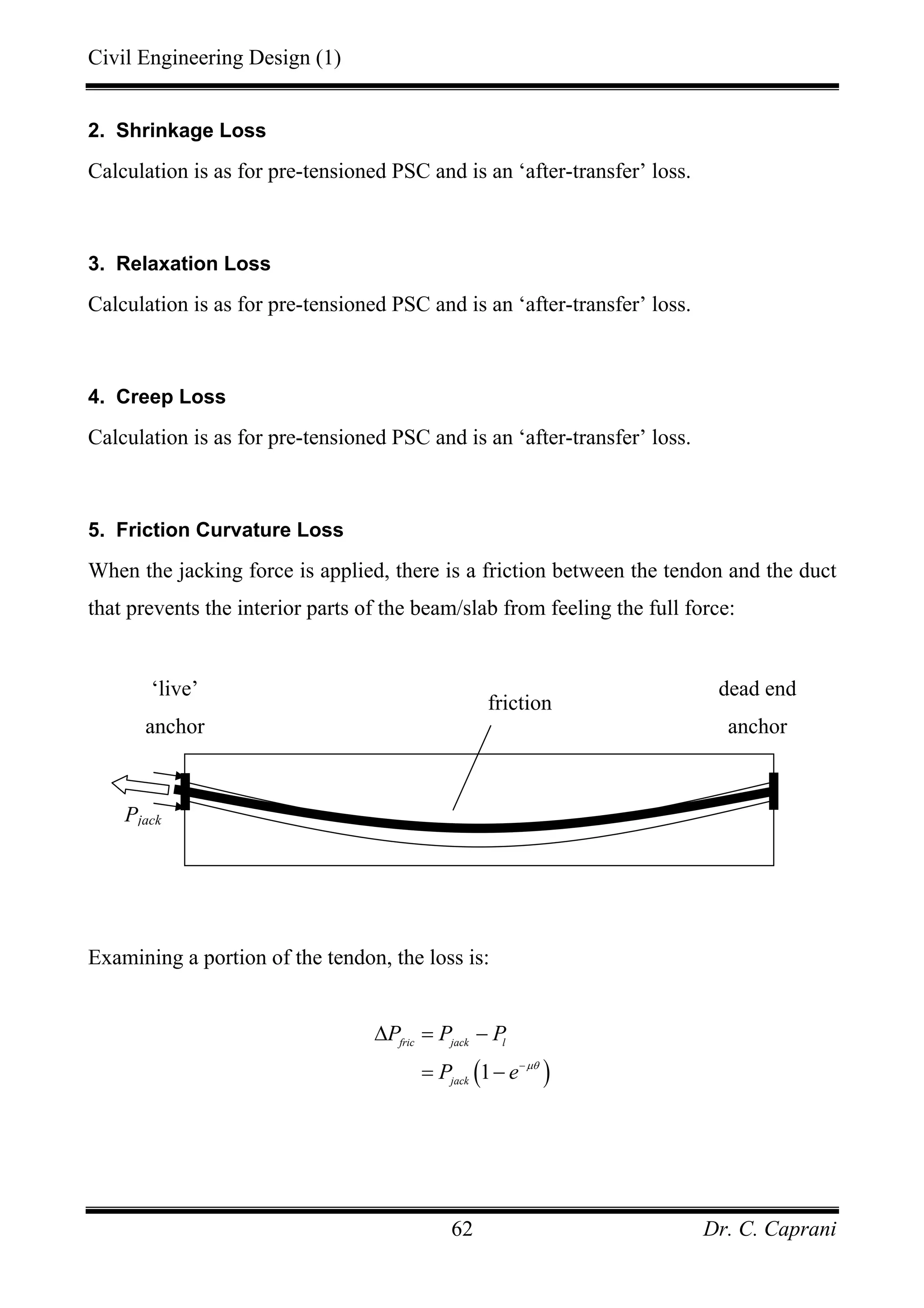Civil Engineering Design (1)
Dr. C. Caprani62
2. Shrinkage Loss
Calculation is as for pre-tensioned PSC and is an ‘after-transfer’ loss.
3. Relaxation Loss
Calculation is as for pre-tensioned PSC and is an ‘after-transfer’ loss.
4. Creep Loss
Calculation is as for pre-tensioned PSC and is an ‘after-transfer’ loss.
5. Friction Curvature Loss
When the jacking force is applied, there is a friction between the tendon and the duct
that prevents the interior parts of the beam/slab from feeling the full force:
Examining a portion of the tendon, the loss is:
( )1
fric jack l
jack
P P P
P e µθ−
∆ = −
= −
Pjack
dead end
anchor
‘live’
anchor
friction
 