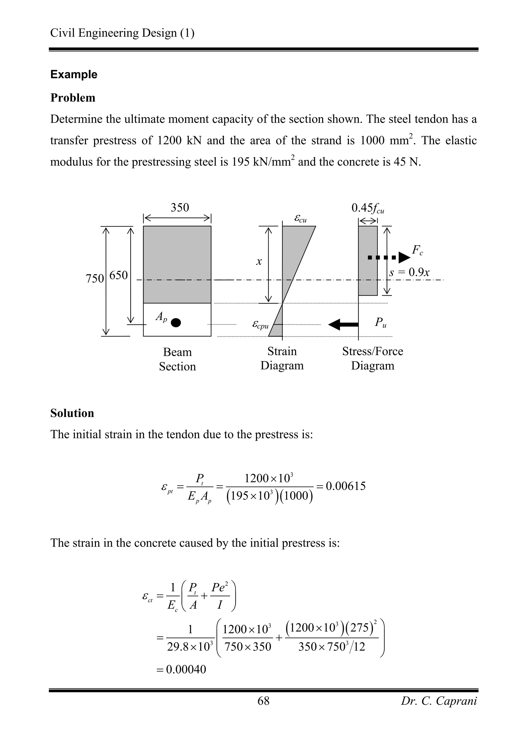 Civil Engineering Design (1)
Dr. C. Caprani68
Example
Problem
Determine the ultimate moment capacity of the section shown. The steel tendon has a
transfer prestress of 1200 kN and the area of the strand is 1000 mm2
. The elastic
modulus for the prestressing steel is 195 kN/mm2
and the concrete is 45 N.
Solution
The initial strain in the tendon due to the prestress is:
( )( )
3
3
1200 10
0.00615
195 10 1000
t
pt
p p
P
E A
ε
×
= = =
×
The strain in the concrete caused by the initial prestress is:
( )( )
2
233
3 3
1
1200 10 2751 1200 10
29.8 10 750 350 350 750 12
0.00040
t
ct
c
P Pe
E A I
ε
⎛ ⎞
= +⎜ ⎟
⎝ ⎠
⎛ ⎞××
= +⎜ ⎟
⎜ ⎟× × ×⎝ ⎠
=
εcu
εcpu
x
Strain
Diagram
Stress/Force
Diagram
s = 0.9x
0.45fcu
Ap
Fc
Pu
750 650
Beam
Section
350
 