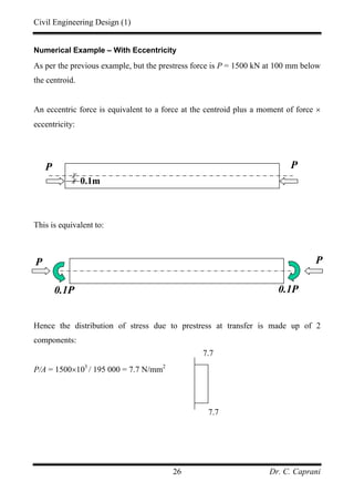 Civil Engineering Design (1)
Dr. C. Caprani26
Numerical Example – With Eccentricity
As per the previous example, but the prestress force is P = 1500 kN at 100 mm below
the centroid.
An eccentric force is equivalent to a force at the centroid plus a moment of force ×
eccentricity:
This is equivalent to:
Hence the distribution of stress due to prestress at transfer is made up of 2
components:
P/A = 1500×103
/ 195 000 = 7.7 N/mm2
0.1m
PP
P P
0.1P 0.1P
7.7
7.7
 