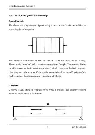 Civil Engineering Design (1)
Dr. C. Caprani4
1.2 Basic Principle of Prestressing
Basic Example
The classic everyday example of prestressing is this: a row of books can be lifted by
squeezing the ends together:
The structural explanation is that the row of books has zero tensile capacity.
Therefore the ‘beam’ of books cannot even carry its self weight. To overcome this we
provide an external initial stress (the prestress) which compresses the books together.
Now they can only separate if the tensile stress induced by the self weight of the
books is greater than the compressive prestress introduced.
Concrete
Concrete is very strong in compression but weak in tension. In an ordinary concrete
beam the tensile stress at the bottom:
 