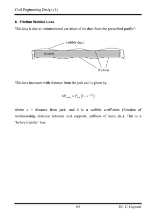 Civil Engineering Design (1)
Dr. C. Caprani64
6. Friction Wobble Loss
This loss is due to ‘unintentional variation of the duct from the prescribed profile’:
This loss increases with distance from the jack and is given by:
( )1 kx
wobble jack
P P e µ−
∆ = −
where x = distance from jack, and k is a wobble coefficient (function of
workmanship, distance between duct supports, stiffness of duct, etc.). This is a
‘before transfer’ loss.
wobbly duct
friction
tendon
 