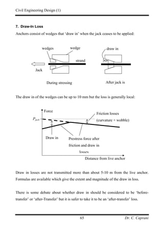 Civil Engineering Design (1)
Dr. C. Caprani65
7. Draw-In Loss
Anchors consist of wedges that ‘draw in’ when the jack ceases to be applied:
The draw in of the wedges can be up to 10 mm but the loss is generally local:
Draw in losses are not transmitted more than about 5-10 m from the live anchor.
Formulas are available which give the extent and magnitude of the draw in loss.
There is some debate about whether draw in should be considered to be ‘before-
transfer’ or ‘after-Transfer’ but it is safer to take it to be an ‘after-transfer’ loss.
strand
After jack is
draw inwedgewedges
Jack
During stressing
Distance from live anchor
Force
Pjack
Friction losses
(curvature + wobble)
Prestress force after
friction and draw in
losses
Draw in
 