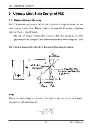Civil Engineering Design (1)
Dr. C. Caprani66
5. Ultimate Limit State Design of PSC
5.1 Ultimate Moment Capacity
The ULS moment capacity of a PSC section is calculated using the assumption that
plane sections remain plane. This is similar to the approach for ordinary reinforced
concrete. There is one difference:
• the strain in bonded prestress steel is equal to the strain caused by the initial
prestress plus the change in strain in the concrete at the prestressing steel level.
The following diagram shows the strain diagram at three stages of loading:
Stage 1
This is the strain diagram at transfer. The strain in the concrete at steel level is
compressive, with magnitude of:
2
1 t
ct
c
P Pe
E A I
ε
⎛ ⎞
= +⎜ ⎟
⎝ ⎠
 