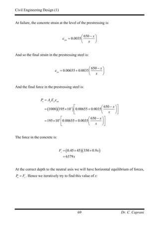 Civil Engineering Design (1)
Dr. C. Caprani69
At failure, the concrete strain at the level of the prestressing is:
650
0.0035cpu
x
x
ε
−⎛ ⎞
= ⎜ ⎟
⎝ ⎠
And so the final strain in the prestressing steel is:
650
0.00655 0.0035pu
x
x
ε
−⎛ ⎞
= + ⎜ ⎟
⎝ ⎠
And the final force in the prestressing steel is:
( )( )3
6
650
1000 195 10 0.00655 0.0035
650
195 10 0.00655 0.0035
u p p pu
P A E
x
x
x
x
ε=
⎡ − ⎤⎛ ⎞
= × + ⎜ ⎟⎢ ⎥
⎝ ⎠⎣ ⎦
⎡ − ⎤⎛ ⎞
= × + ⎜ ⎟⎢ ⎥
⎝ ⎠⎣ ⎦
The force in the concrete is:
( )( )0.45 45 350 0.9
6379
c
F x
x
= × ×
=
At the correct depth to the neutral axis we will have horizontal equilibrium of forces,
u c
P F= . Hence we iteratively try to find this value of x:
 