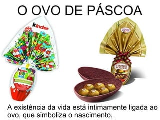 O OVO DE PÁSCOA




A existência da vida está intimamente ligada ao
ovo, que simboliza o nascimento.
 