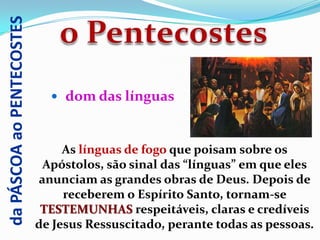 da PÁSCOA ao PENTECOSTES



                              dom das línguas



                                As línguas de fogo que poisam sobre os
                            Apóstolos, são sinal das “línguas” em que eles
                           anunciam as grandes obras de Deus. Depois de
                                receberem o Espírito Santo, tornam-se
                            TESTEMUNHAS respeitáveis, claras e credíveis
                           de Jesus Ressuscitado, perante todas as pessoas.
 