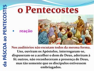da PÁSCOA ao PENTECOSTES



                              reação


                           Nos auditórios não escutam todos da mesma forma.
                               Uns, ouviram os Apóstolos, interrogaram-se,
                           dispuseram-se a acolher o dom de Deus, aderiram à
                            fé; outros, não reconheceram a presença de Deus,
                              mas tão somente que os discípulos estivessem
                                               embriagados.
 
