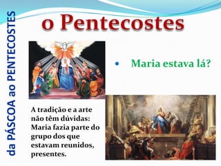 da PÁSCOA ao PENTECOSTES



                                                     Maria estava lá?



                           A tradição e a arte
                           não têm dúvidas:
                           Maria fazia parte do
                           grupo dos que
                           estavam reunidos,
                           presentes.
 