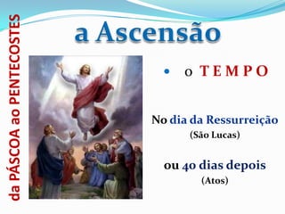 da PÁSCOA ao PENTECOSTES


                                o TEMPO


                           No dia da Ressurreição
                                 (São Lucas)


                             ou 40 dias depois
                                   (Atos)
 