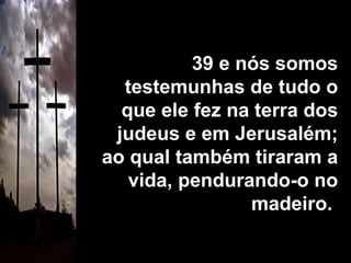 39 e nós somos testemunhas de tudo o que ele fez na terra dos judeus e em Jerusalém; ao qual também tiraram a vida, pendurando-o no madeiro.  
