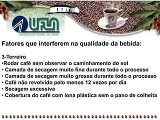 Fatores que interferem na qualidade da bebida:
3-Terreiro
•Rodar café sem observar o caminhamento do sol
• Camada de secagem muito fina durante todo o processo
• Camada de secagem muito grossa durante todo o processo
• Café não revolvido pelo menos 12 vezes por dia
• Secagem excessiva
• Cobertura do café com lona plástica sem o pano de colheita
 