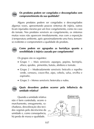 107
194	
Os produtos podem ser congelados e descongelados sem
comprometimento da sua qualidade?
Alguns produtos podem ser congelados e descongelados
algumas vezes, apresentando poucos sintomas de injúria, outros
ficam injuriados mesmo por um leve congelamento, como no caso
do tomate. Nos produtos sensíveis ao congelamento, os sintomas
muitas vezes não aparecem imediatamente, mas com a exposição
à temperatura ambiente, após aproximadamente uma hora, tornam-
se evidentes e comprometem a qualidade do produto.
195	
Como podem ser agrupadas as hortaliças quanto a
sensibilidade à injúria causada por congelamento?
Os grupos são os seguintes:
•		Grupo 1 – Mais sensíveis: aspargos, pepino, berinjela,
alface, quiabo, pimentão, batata, abóbora e tomate.
•		Grupo 2 – Moderadamente sensíveis: brócolis e repolho
verde, cenoura, couve-flor, aipo, cebola, salsa, ervilha e
espinafre.
•		Grupo 3 – Menos sensíveis: beterraba e nabo.
196	
Quais desordens podem ocorrer pela influência da
umidade relativa?
Quando a umidade relativa
não é bem controlada, ocorre o
murchamento, enrugamento, ra-
chaduras, descoloração dos teci-
dos vegetais pelo decréscimo da
umidade e, como consequência,
há perda de massa e qualidade.
 