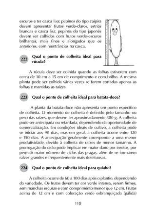 118
escuros e ter casca lisa; pepinos do tipo caipira
devem apresentar frutos verde-claros, estrias
brancas e casca lisa; pepinos do tipo japonês
devem ser colhidos com frutos verde-escuros
brilhantes, mais finos e alongados que os
anteriores, com reentrâncias na casca.
222	
Qual o ponto de colheita ideal para
rúcula?
A rúcula deve ser colhida quando as folhas estiverem com
cerca de 10 cm a 15 cm de comprimento e com brilho. A mesma
planta pode ser colhida várias vezes se forem cortadas apenas as
folhas e mantidas as raízes.
223	 Qual o ponto de colheita ideal para batata-doce?
A planta da batata-doce não apresenta um ponto específico
de colheita. O momento de colheita é definido pelo tamanho ou
peso das raízes, que devem ter aproximadamente 300 g. A colheita
pode ser antecipada ou retardada, dependendo da oportunidade de
comercialização. Em condições ideais de cultivo, a colheita pode
se iniciar aos 90 dias, mas em geral, a colheita ocorre entre 120
e 150 dias. A antecipação geralmente corresponde a uma menor
produtividade, devido à colheita de raízes de menor tamanho. A
prorrogação do ciclo pode implicar em maior dano por insetos, por
permitir maior número de ciclos das pragas, além de se formarem
raízes grandes e frequentemente mais defeituosas.
224	 Qual o ponto de colheita ideal para quiabo?
A colheita ocorre de 60 a 100 dias após o plantio, dependendo
da variedade. Os frutos devem ter cor verde intensa, serem firmes,
sem manchas escuras e com comprimento menor que 12 cm. Frutos
acima de 12 cm e com coloração verde esbranquiçada (pálida)
 
