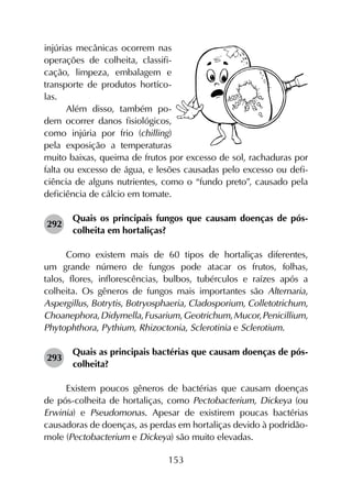 153
injúrias mecânicas ocorrem nas
operações de colheita, classifi-
cação, limpeza, embalagem e
transporte de produtos hortíco-
las.
Além disso, também po-
dem ocorrer danos fisiológicos,
como injúria por frio (chilling)
pela exposição a temperaturas
muito baixas, queima de frutos por excesso de sol, rachaduras por
falta ou excesso de água, e lesões causadas pelo excesso ou defi-
ciência de alguns nutrientes, como o “fundo preto”, causado pela
deficiência de cálcio em tomate.
292	
Quais os principais fungos que causam doenças de pós-
colheita em hortaliças?
Como existem mais de 60 tipos de hortaliças diferentes,
um grande número de fungos pode atacar os frutos, folhas,
talos, flores, inflorescências, bulbos, tubérculos e raízes após a
colheita. Os gêneros de fungos mais importantes são Alternaria,
Aspergillus, Botrytis, Botryosphaeria, Cladosporium, Colletotrichum,
Choanephora,Didymella,Fusarium,Geotrichum,Mucor,Penicillium,
Phytophthora, Pythium, Rhizoctonia, Sclerotinia e Sclerotium.
293	
Quais as principais bactérias que causam doenças de pós-
colheita?
Existem poucos gêneros de bactérias que causam doenças
de pós-colheita de hortaliças, como Pectobacterium, Dickeya (ou
Erwinia) e Pseudomonas. Apesar de existirem poucas bactérias
causadoras de doenças, as perdas em hortaliças devido à podridão-
mole (Pectobacterium e Dickeya) são muito elevadas.
 
