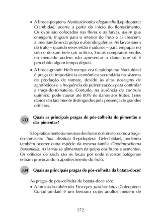 172
•		A broca-pequena Neoleucinodes elegantalis (Lepidoptera:
Crambidae) ocorre a partir do início do florescimento.
Os ovos são colocados nas flores e as larvas, assim que
emergem, migram para o interior do fruto e aí crescem,
alimentando-se da polpa e abrindo galerias. As larvas saem
do fruto - quando esses estão maduros - para empupar no
solo e deixam nele um orifício. Frutos comprados verdes
no mercado podem não apresentar o dano, que só é
percebido algum tempo depois.
•		A broca-grande Helicoverpa zea (Lepidoptera: Noctuidae)
é praga de importância econômica secundária no sistema
de produção de tomate, devido às altas dosagens de
agrotóxicos e a frequência de pulverizações para controlar
a traça-do-tomateiro. Contudo, na ausência de controle
químico, pode causar até 80% de danos aos frutos. Esses
danos são facilmente distinguidos pela presença de grandes
orifícios.
333	
Quais as principais pragas de pós-colheita do pimentão e
das pimentas?
Sãopraticamenteasmesmasdosfrutosdotomate,comoatraça-
do-tomateiro Tuta absoluta (Lepidoptera: Gelechiidae), podendo
também ocorrer outra espécie da mesma família Gnorimoschema
barsaniella. As larvas se alimentam da polpa dos frutos e sementes.
Os orifícios de saída são os locais por onde diversos patógenos
entram provocando o apodrecimento do fruto.
334	 Quais as principais pragas de pós-colheita da batata-doce?
As pragas de pós-colheita de batata-doce são:
•		A broca-do-tubérculo Euscepes postfasciatus (Coleoptera:
Curculionidae) é um besouro cujos adultos medem de
 