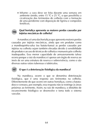 64
•		Inhame: a cura deve ser feita durante uma semana em
ambiente úmido, entre 15 °C e 25 °C, o que possibilita a
cicatrização dos ferimentos de colheita com a formação
de uma periderme com deposição de lignina e compostos
fenólicos.
106	
Qual hortaliça apresenta as maiores perdas causadas por
injúrias mecânicas de colheita?
A mandioca é uma das hortaliças que apresenta maiores perdas
causadas por injúrias mecânicas, ainda que em produtos como
a mandioquinha-salsa (ou batata-baroa) as perdas causadas por
injúrias na colheita sejam também elevadas devido à sensibilidade
do produto e ao uso de técnicas de colheita e manuseio pós-colheita
inadequados. Essa menor capacidade de armazenamento talvez
ocorra porque a raiz da mandioca é apenas um órgão de reserva ao
invés de ser uma estrutura de reserva e sobrevivência, como o são
diversas outras raízes tuberosas e tubérculos.
107	 O que é a deterioração fisiológica da mandioca?
Na mandioca, ocorre o que se denomina deterioração
fisiológica, que é uma resposta aos ferimentos na colheita.
Diferentemente do que ocorre em outras hortaliças, como a batata-
doce e cenoura, por exemplo, essa resposta não se restringe às áreas
próximas ao ferimento. Assim, na raiz de mandioca, o distúrbio de
escurecimento fisiológico se desenvolve e toma todo o sistema
vascular.
 