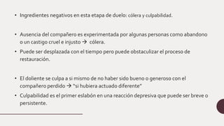 • Ingredientes negativos en esta etapa de duelo: cólera y culpabilidad.
• Ausencia del compañero es experimentada por algunas personas como abandono
o un castigo cruel e injusto  cólera.
• Puede ser desplazada con el tiempo pero puede obstaculizar el proceso de
restauración.
• El doliente se culpa a si mismo de no haber sido bueno o generoso con el
compañero perdido  “si hubiera actuado diferente”
• Culpabilidad es el primer eslabón en una reacción depresiva que puede ser breve o
persistente.
 