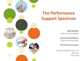 The Performance
Support Spectrum

                    Bob Mosher
          Chief Learning Evangelist

          Conrad Gottfredson
           Chief Learning Strategist

          #PerformanceSupport

       bobandcon@ontuitive.com
                     @bmosh
                    @congott
 