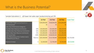 © 2014 Peter Strohkorb Consulting, all rights reserved
What is the Business Potential?
10
Sample Calculation 1: Lift lower tier sales reps’ productivity by just 5%
1st Year 2nd Year 3rd Year 3 year Total
Annual Sales Target (assuming 8% growth p.a.) $100,000,000 $108,000,000 $116,640,000
# of Salespeople 40 40 40
Sales Team Performance Categories
Top Sales Team Revenue Contribution 50% $50,000,000 $54,000,000 $58,320,000
2nd Rate Sales Team Revenue Contribution 35% $35,000,000 $37,800,000 $40,824,000
Bottom Sales Team Revenue Contribution 15% $15,000,000 $16,200,000 $17,496,000
Total Actual Sales 100% $100,000,000 $108,000,000 $116,640,000
Sales Effectiveness of the 2 bottom teams
increased by just 5% p.a.
Revenue $102,500,000 $110,700,000 $119,556,000 332,756,000
Revenue Increase $ $2,500,000 $2,700,000 $2,916,000 $8,116,000
 
