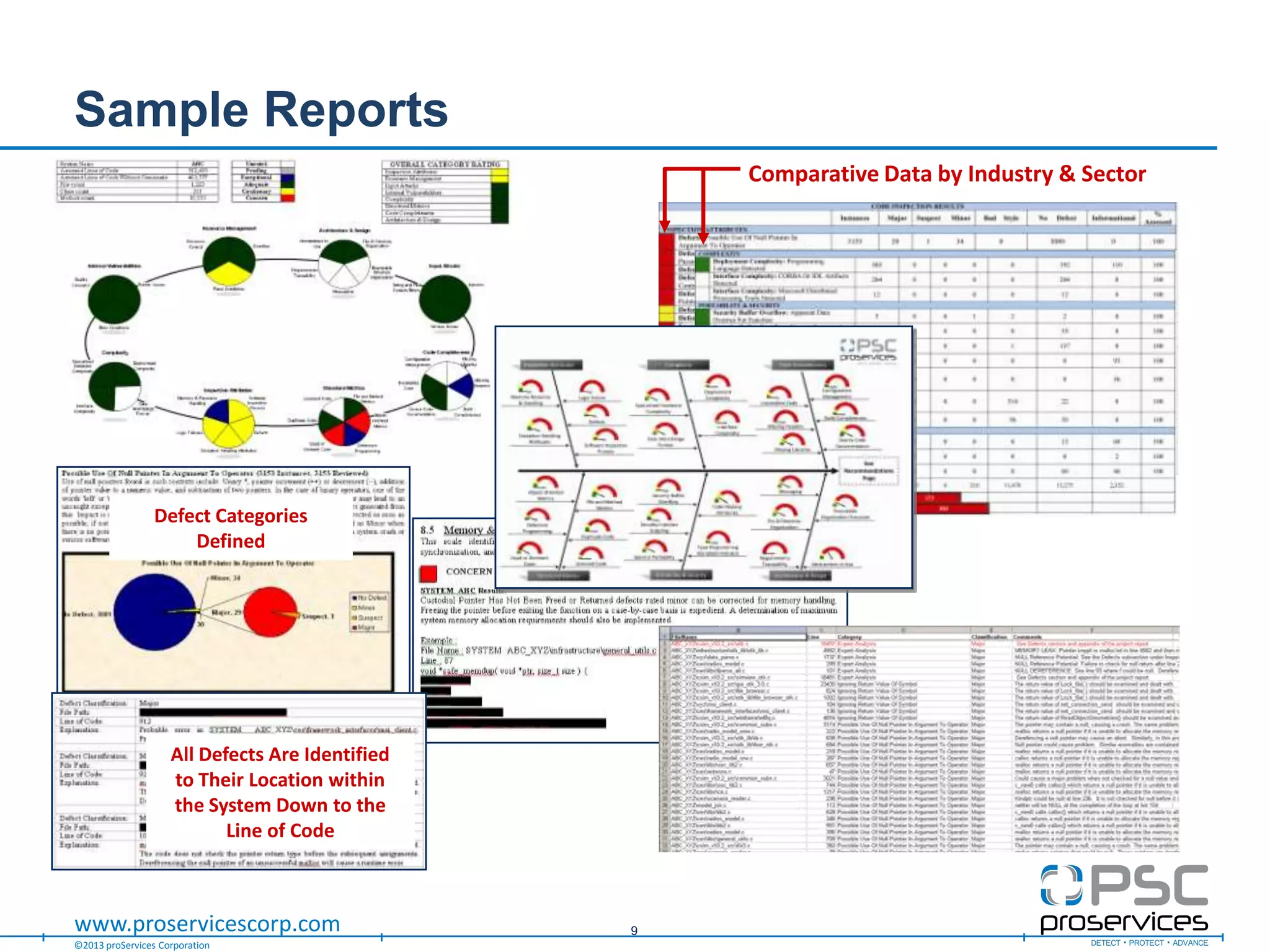 ©2013 proServices Corporation
www.proservicescorp.com
Sample Reports
9
Comparative Data by Industry & Sector
Defect Categories
Defined
All Defects Are Identified
to Their Location within
the System Down to the
Line of Code
 
