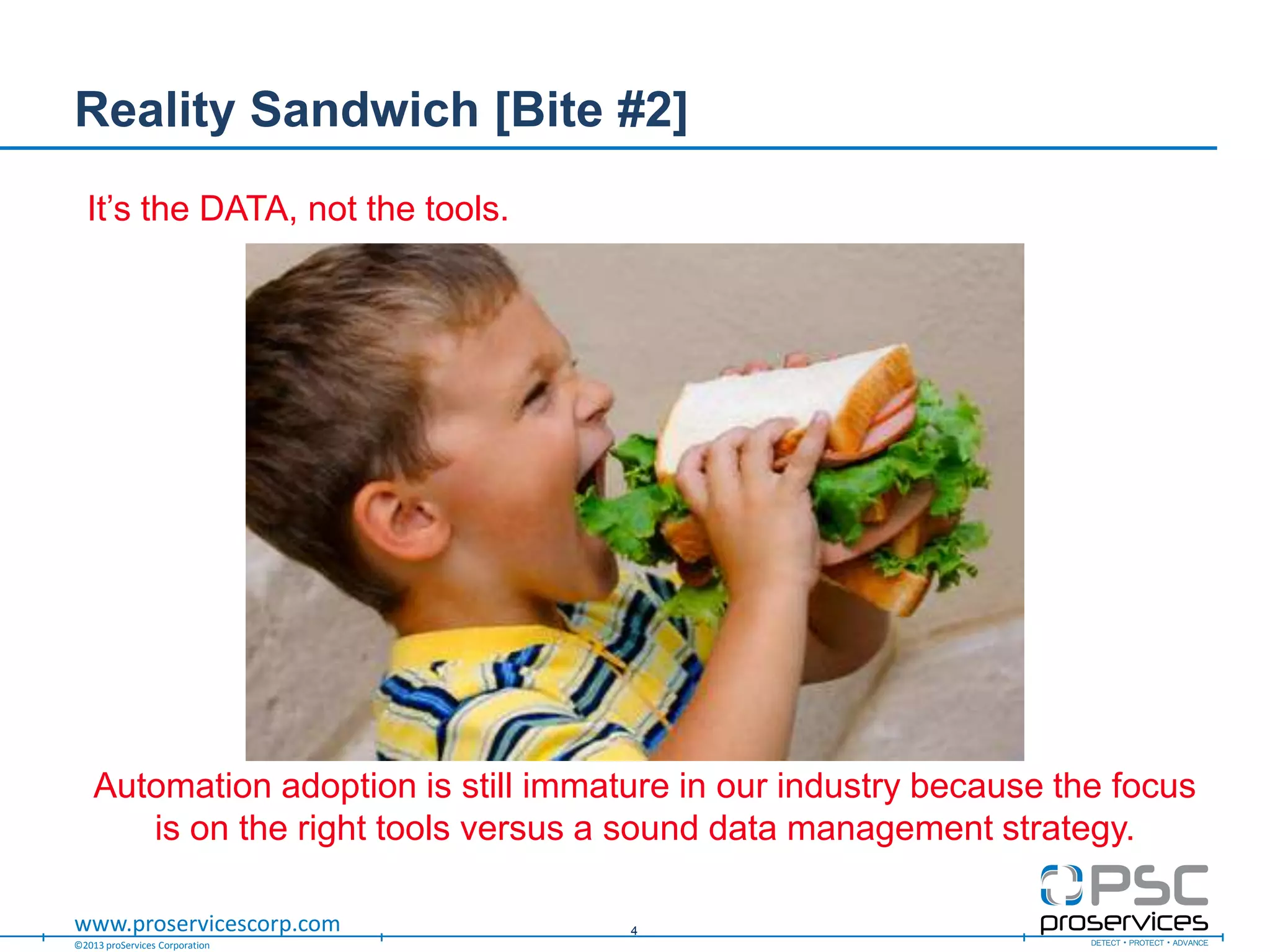 ©2013 proServices Corporation
www.proservicescorp.com
Reality Sandwich [Bite #2]
4
It‟s the DATA, not the tools.
Automation adoption is still immature in our industry because the focus
is on the right tools versus a sound data management strategy.
 