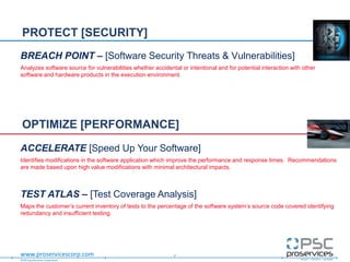 ©2013 proServices Corporation
www.proservicescorp.com
BREACH POINT – [Software Security Threats & Vulnerabilities]
Analyzes software source for vulnerabilities whether accidental or intentional and for potential interaction with other
software and hardware products in the execution environment.
PROTECT [SECURITY]
7
ACCELERATE [Speed Up Your Software]
Identifies modifications in the software application which improve the performance and response times. Recommendations
are made based upon high value modifications with minimal architectural impacts.
TEST ATLAS – [Test Coverage Analysis]
Maps the customer‟s current inventory of tests to the percentage of the software system‟s source code covered identifying
redundancy and insufficient testing.
OPTIMIZE [PERFORMANCE]
 