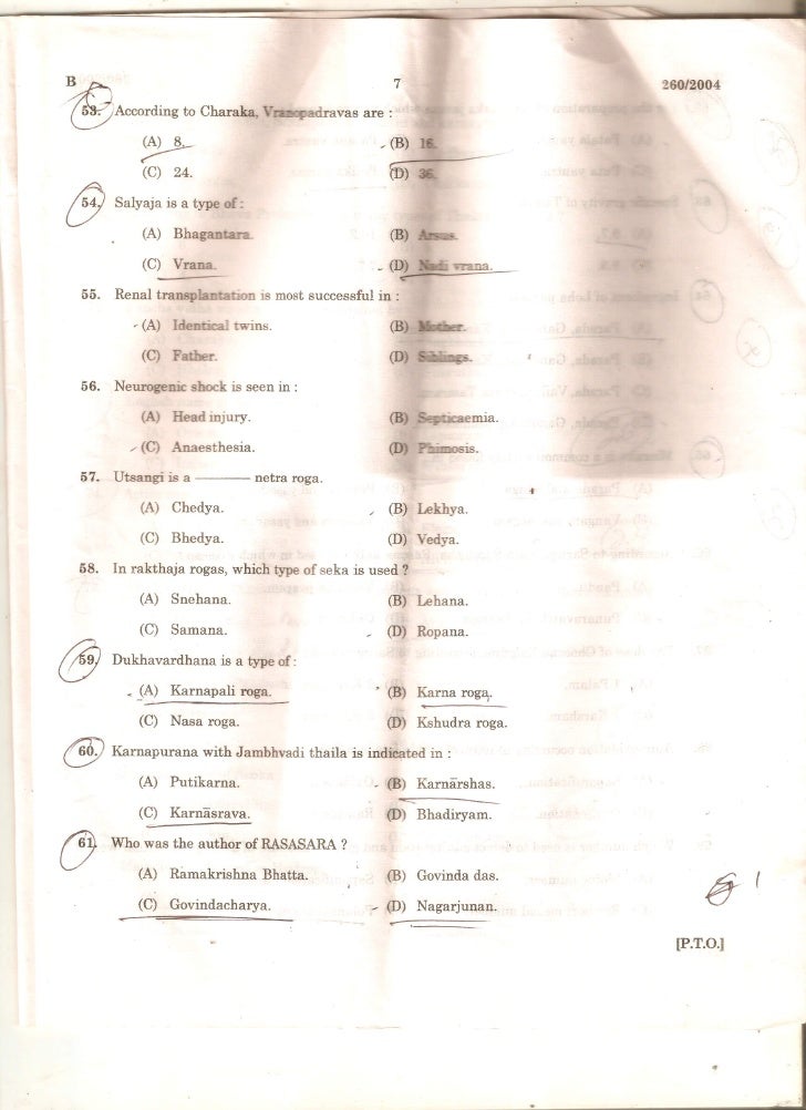 Kerala Psc Ayurveda old Question Paper 260/2004