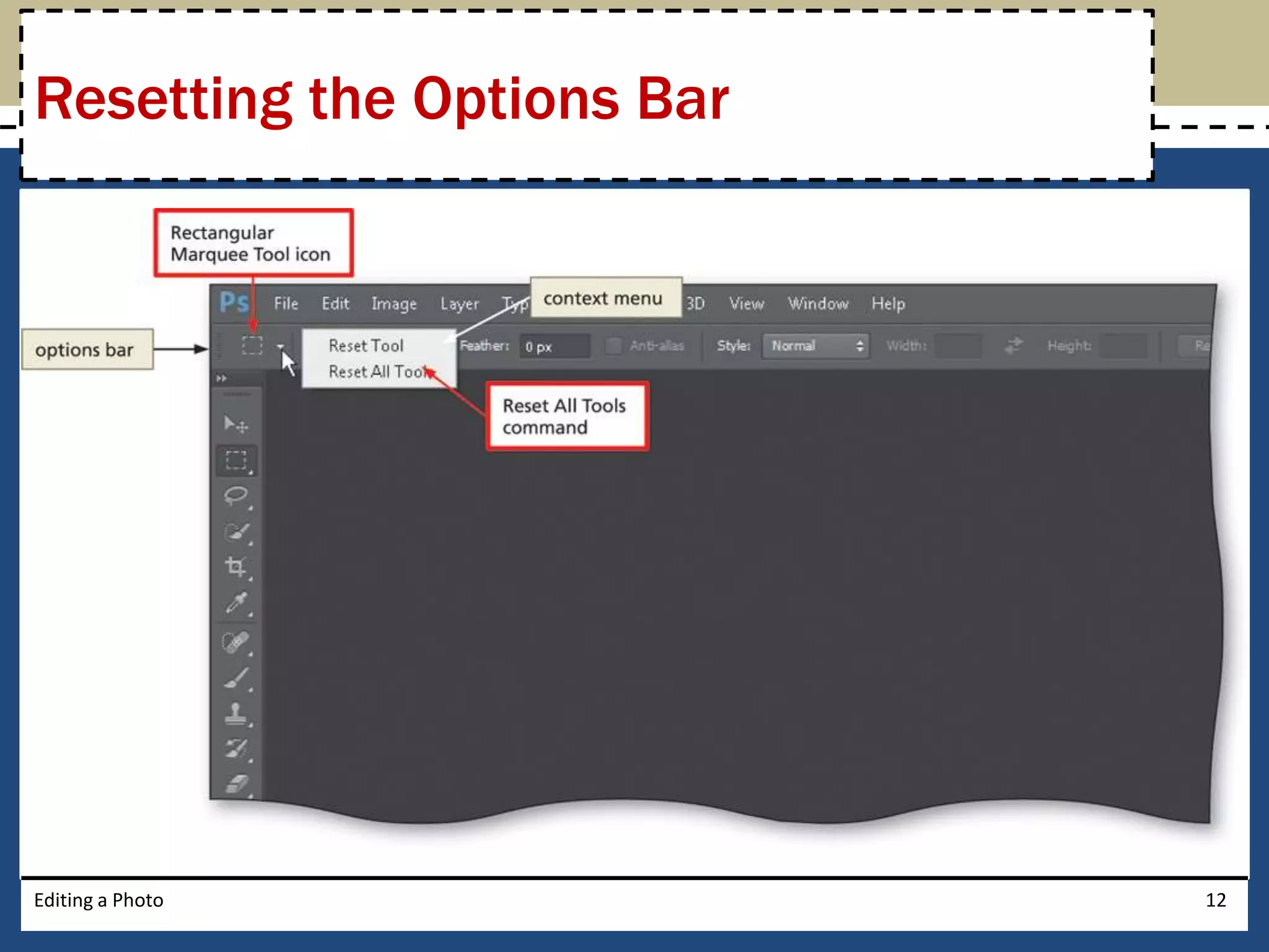 Resetting the Options Bar 
Editing a Photo 12 
 
