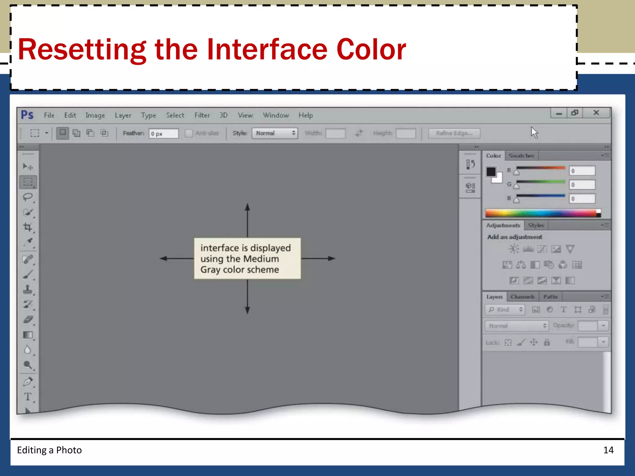 Resetting the Interface Color 
Editing a Photo 14 
 