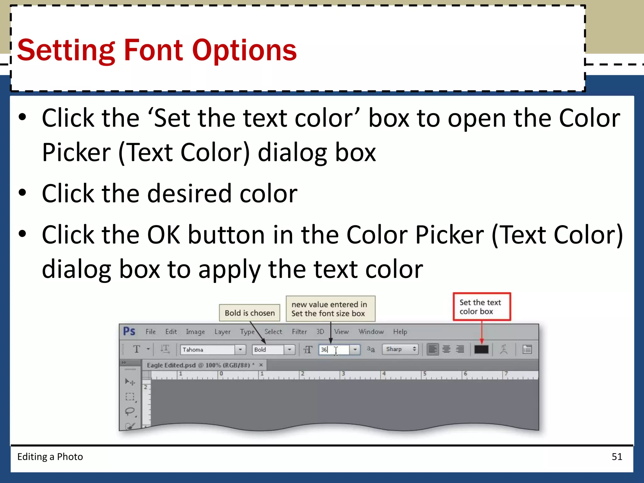 Setting Font Options 
• Click the ‘Set the text color’ box to open the Color 
Picker (Text Color) dialog box 
• Click the desired color 
• Click the OK button in the Color Picker (Text Color) 
dialog box to apply the text color 
Editing a Photo 51 
 