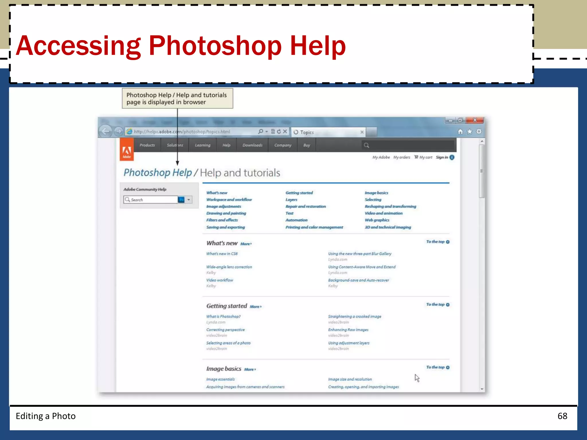 Accessing Photoshop Help 
Editing a Photo 68 
 