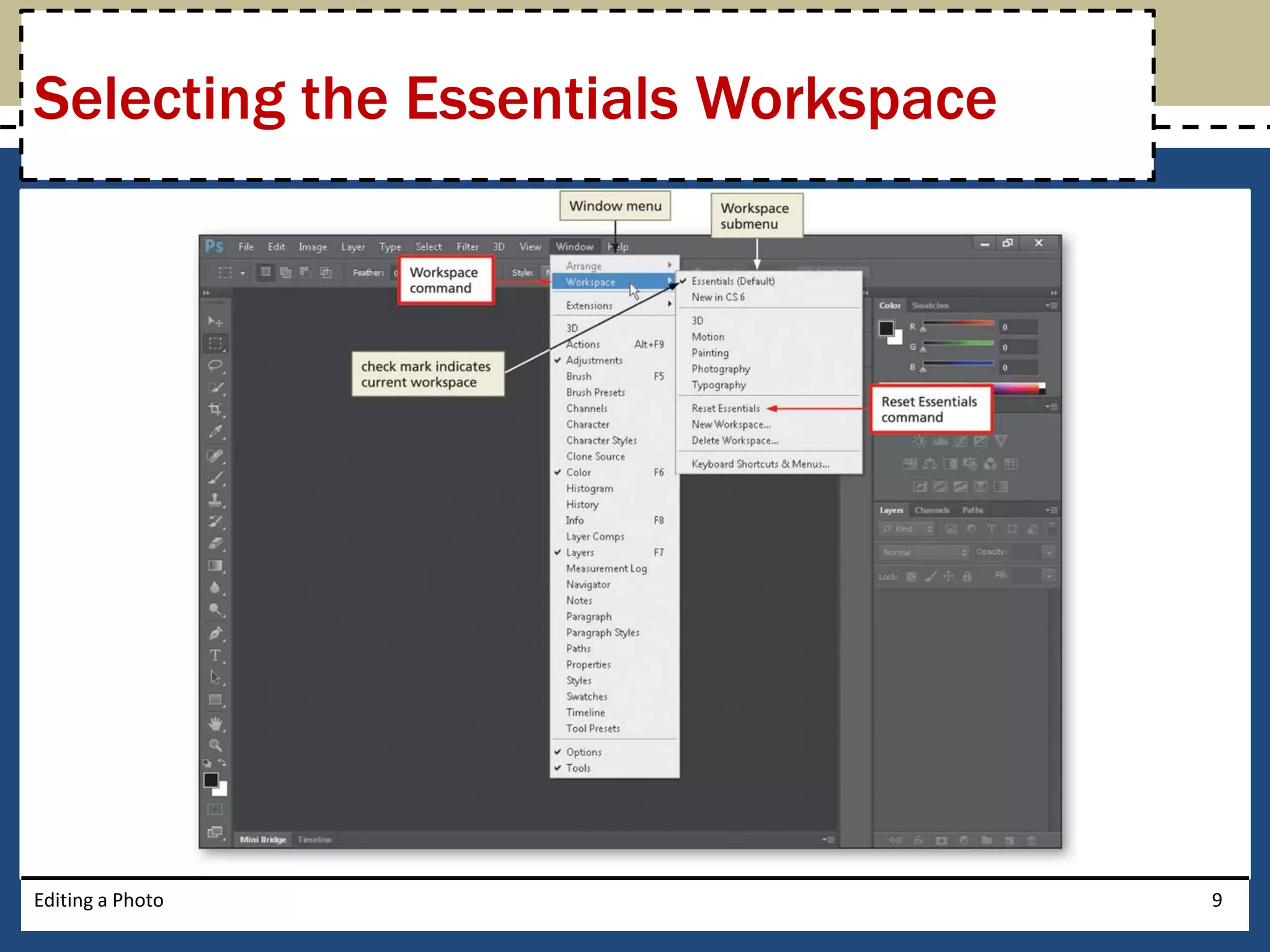 Selecting the Essentials Workspace 
Editing a Photo 9 
 