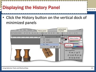 Displaying the History Panel 
• Click the History button on the vertical dock of 
minimized panels 
Using Selection Tools and Shortcut Keys 13 
 