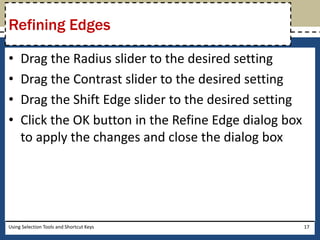 Refining Edges 
• Drag the Radius slider to the desired setting 
• Drag the Contrast slider to the desired setting 
• Drag the Shift Edge slider to the desired setting 
• Click the OK button in the Refine Edge dialog box 
to apply the changes and close the dialog box 
Using Selection Tools and Shortcut Keys 17 
 