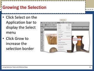 Growing the Selection 
• Click Select on the 
Application bar to 
display the Select 
menu 
• Click Grow to 
increase the 
selection border 
Using Selection Tools and Shortcut Keys 21 
 
