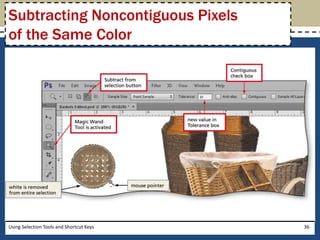 Subtracting Noncontiguous Pixels 
of the Same Color 
Using Selection Tools and Shortcut Keys 36 
 